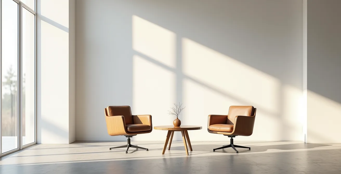 Espace de consultation immobilier épuré avec architecture moderne