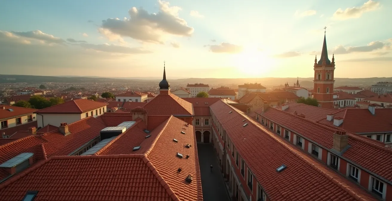 Vue aérienne caractéristique des toits en tuiles rouges de Toulouse