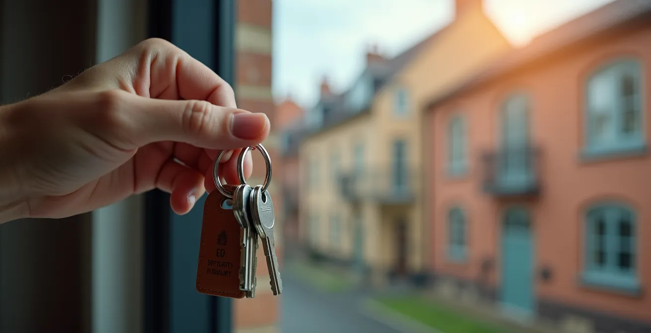 Main tenant des clés avec différents types de biens immobiliers en arrière-plan flou