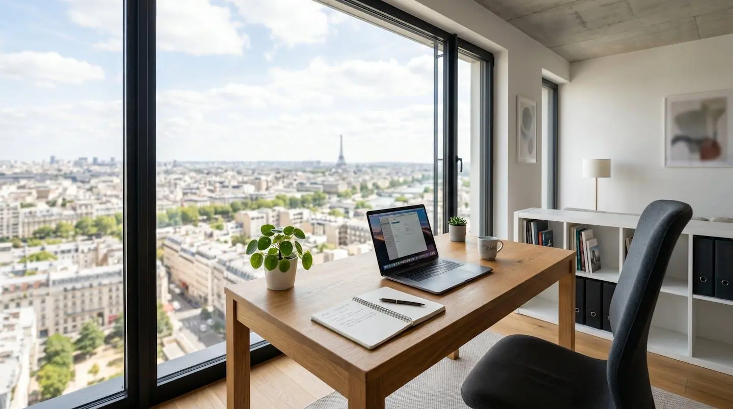 Bureau contemporain épuré avec ordinateur portable, carnets et stylo, grande fenêtre avec immeuble moderne en arrière-plan flouté