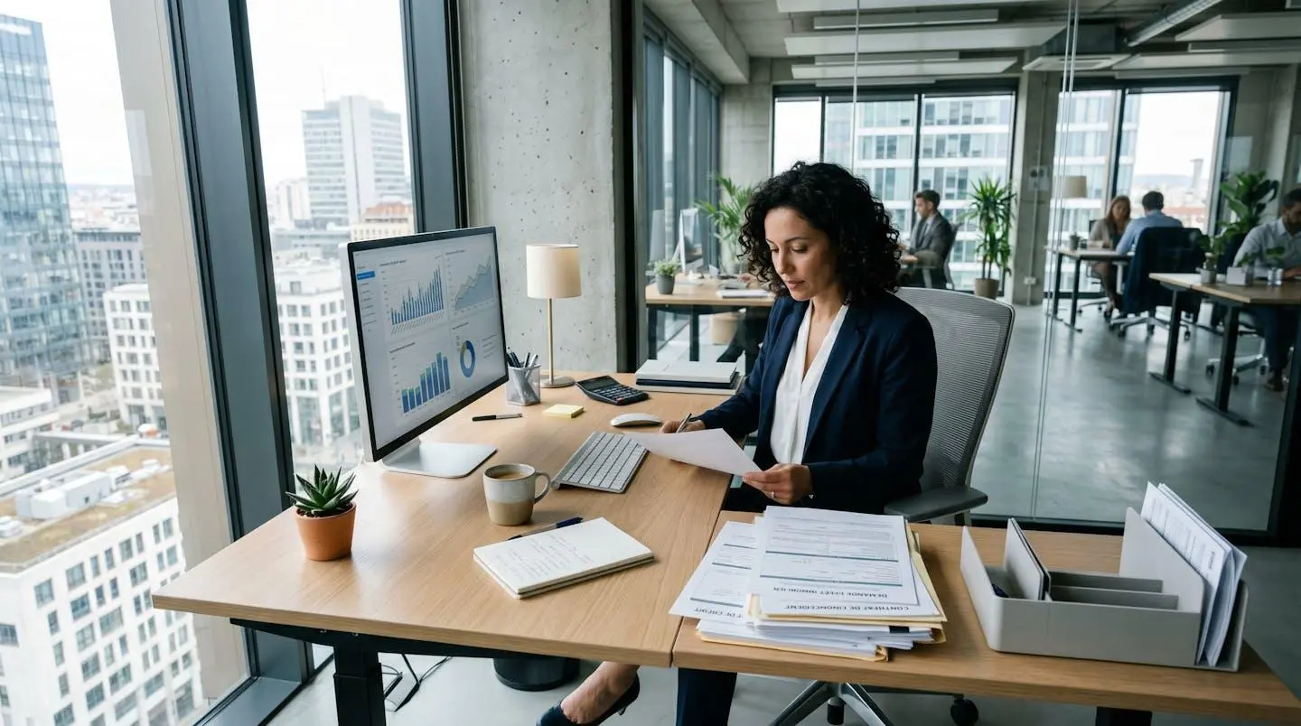 Conseiller consultant des documents de prêt sur un bureau professionnel moderne avec ordinateur