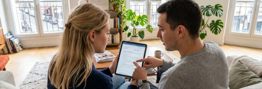 Couple trentenaire assis sur un canapé contemporain, concentrés sur une tablette qu'ils consultent ensemble dans un salon lumineux