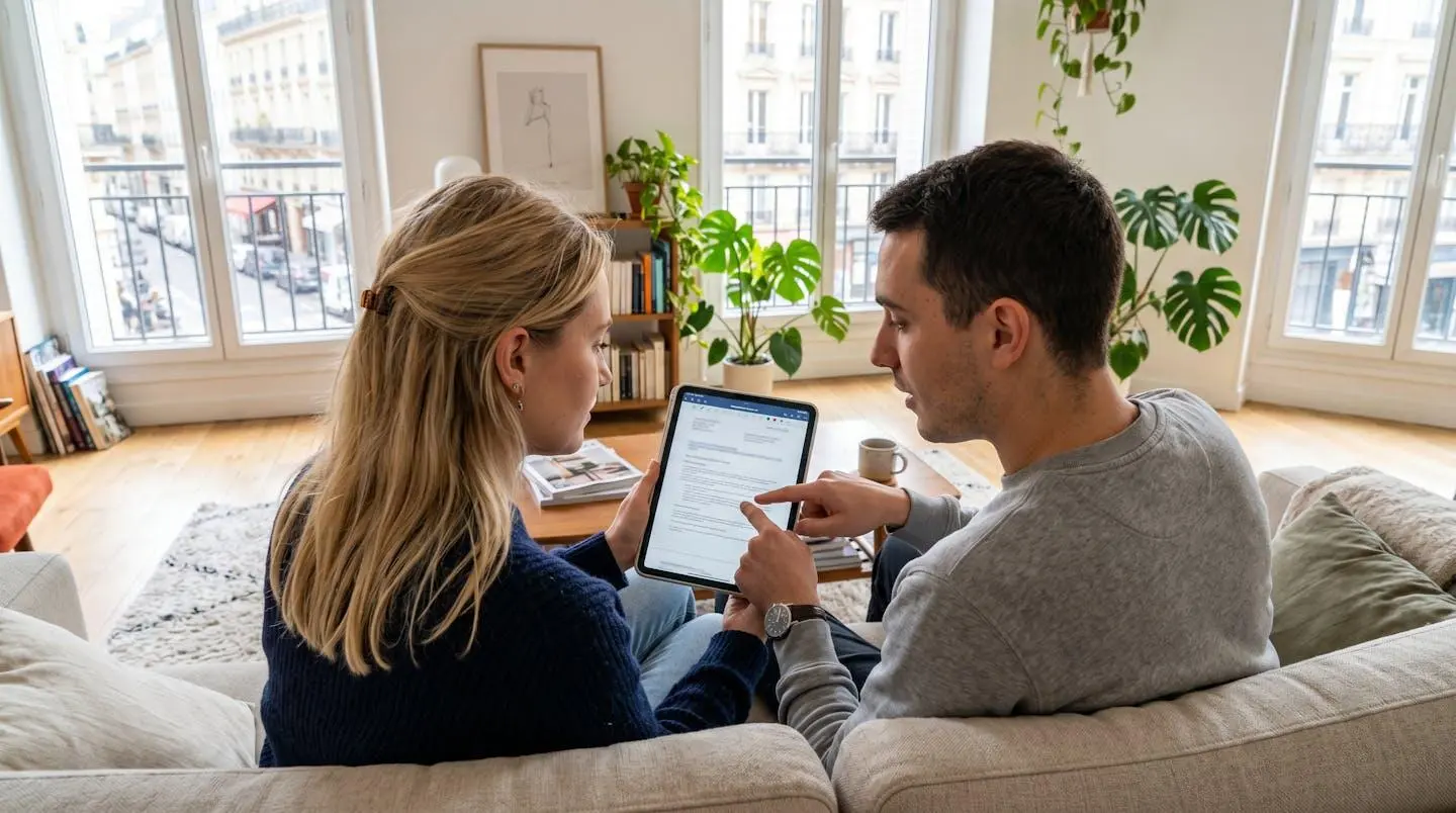 Couple trentenaire assis sur un canapé contemporain, concentrés sur une tablette qu'ils consultent ensemble dans un salon lumineux