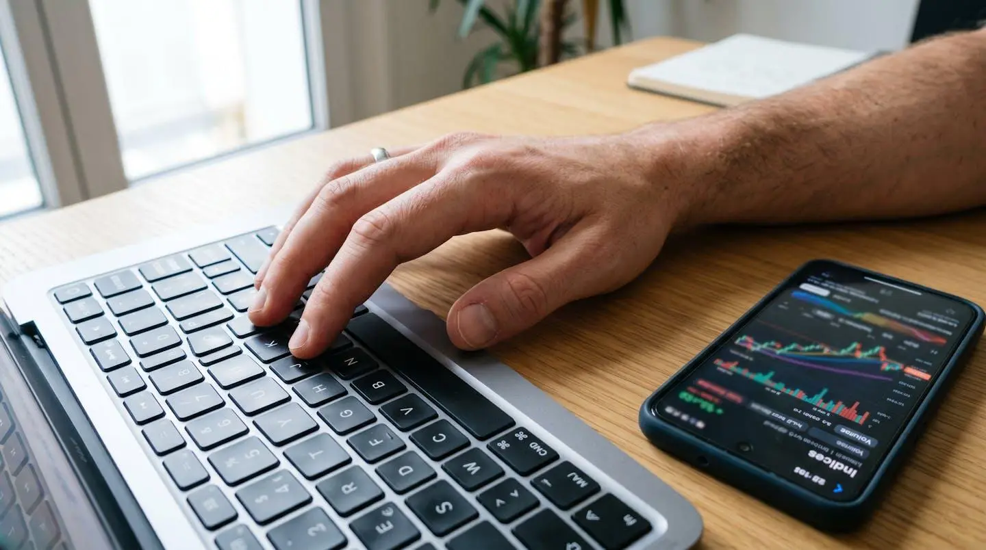 Gros plan sur une main posée sur un clavier d'ordinateur portable, à côté d'un smartphone affichant un graphique financier flou sur un bureau moderne
